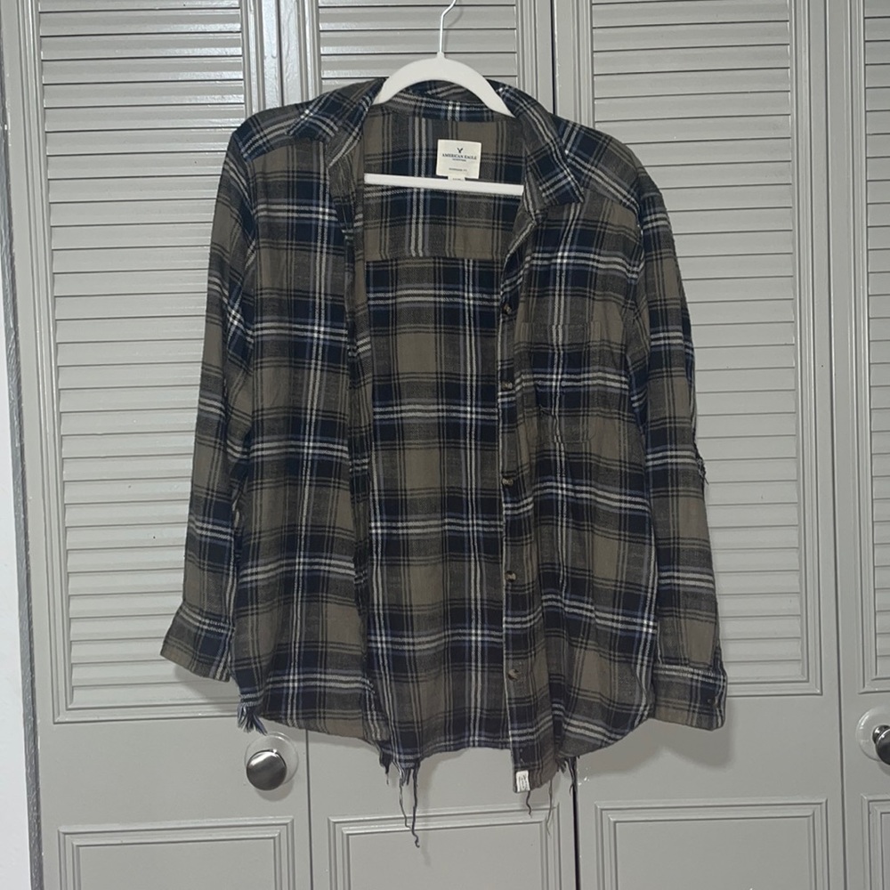 Green and blue distressed flannel shirt